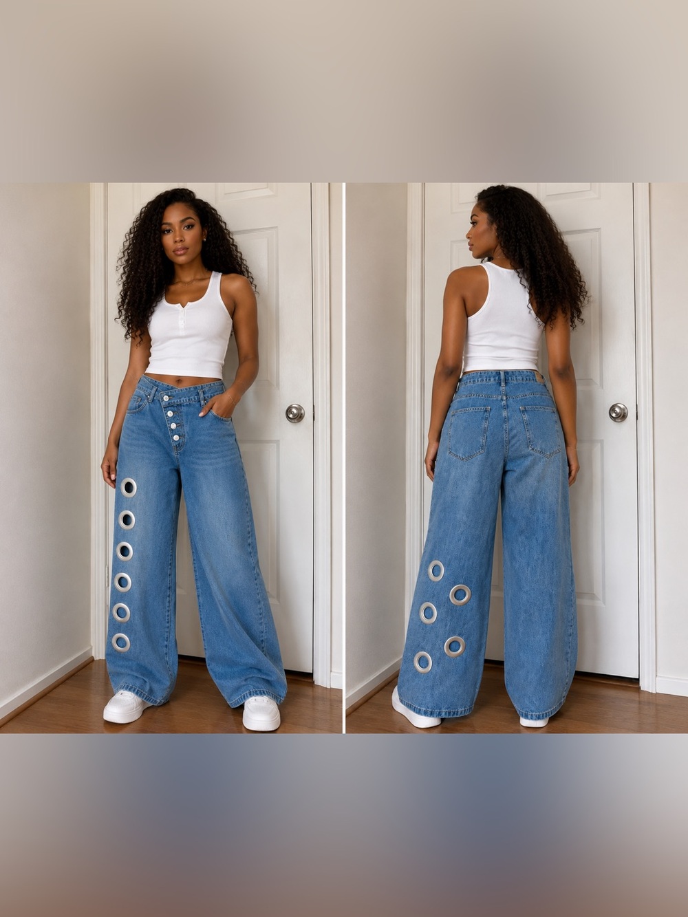 Upcycled High-Waist Wide Leg Jeans with grommet Detail size S